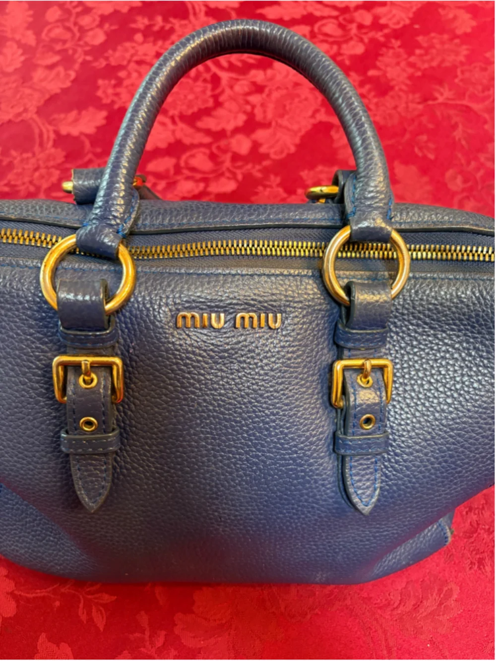 Miu Miu Blue Leather Satchel Bag With Gold Hardware